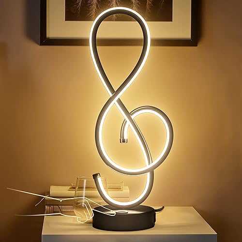 Modern Table Lamp, LED Bedside lamp with USB Port, Touch Stepless Dimmable Nightstand lamp, Unique Musical Note lamp for Bedroom Living Room Home Office, Spiral lamp, 14W, Black