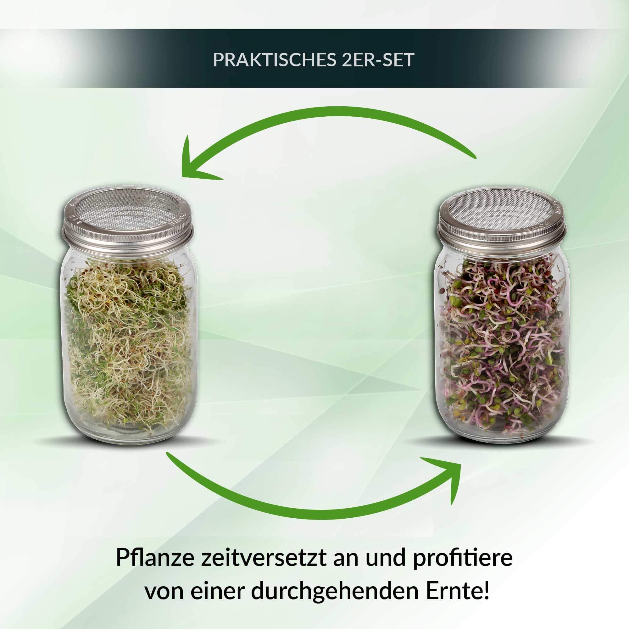 Bio Sprossenglas 2er Set-Keimglas 950ml inkl. 2X Abdunklungshüllen, 1x Keramikschale & Anleitung - Rostfreier Edelstahl - Sprossenzucht