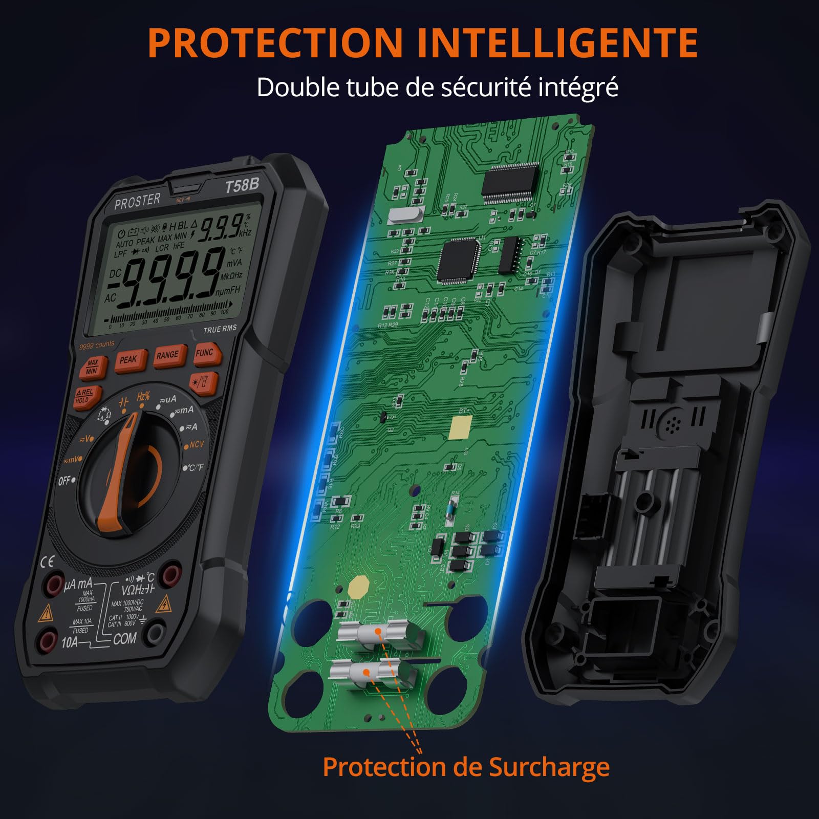 Proster Multimètre Numérique 9999 Comptes TRMS Auto-Range NCV – Testeur Électrique AC/DC avec Mesure Température, Crête, Continuité, Alerte Jack et Support Magnétique