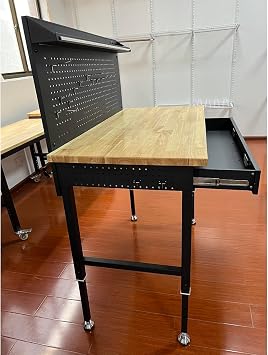 Workbench With Peg Board and Castors, 72-100cm Adjustable Height Workbench, 2000lbs Capacit Rolling Workstation with Oak Plank Top & Carbon Steel Rack, for Professional & DIY Woodworking Bench