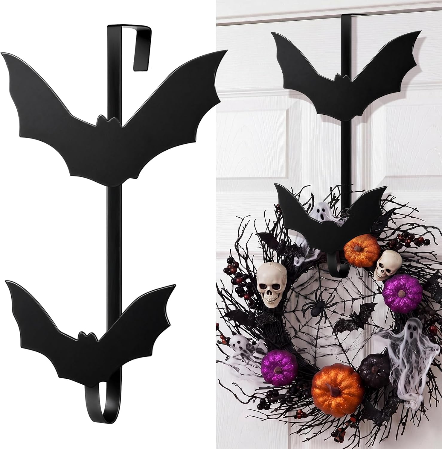 Frienda 11.8 Inch Halloween Bat Metal Wreath Hanger Gothic Goth Spooky Shelf Decorative Door Hook with 2 Bats Black Iron for Halloween Front Door Spooky Holiday Decor
