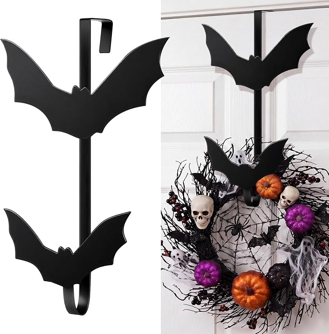 Frienda Halloween Bat Wreath Hanger 12 Inch Over The Door Hook, Black Metal