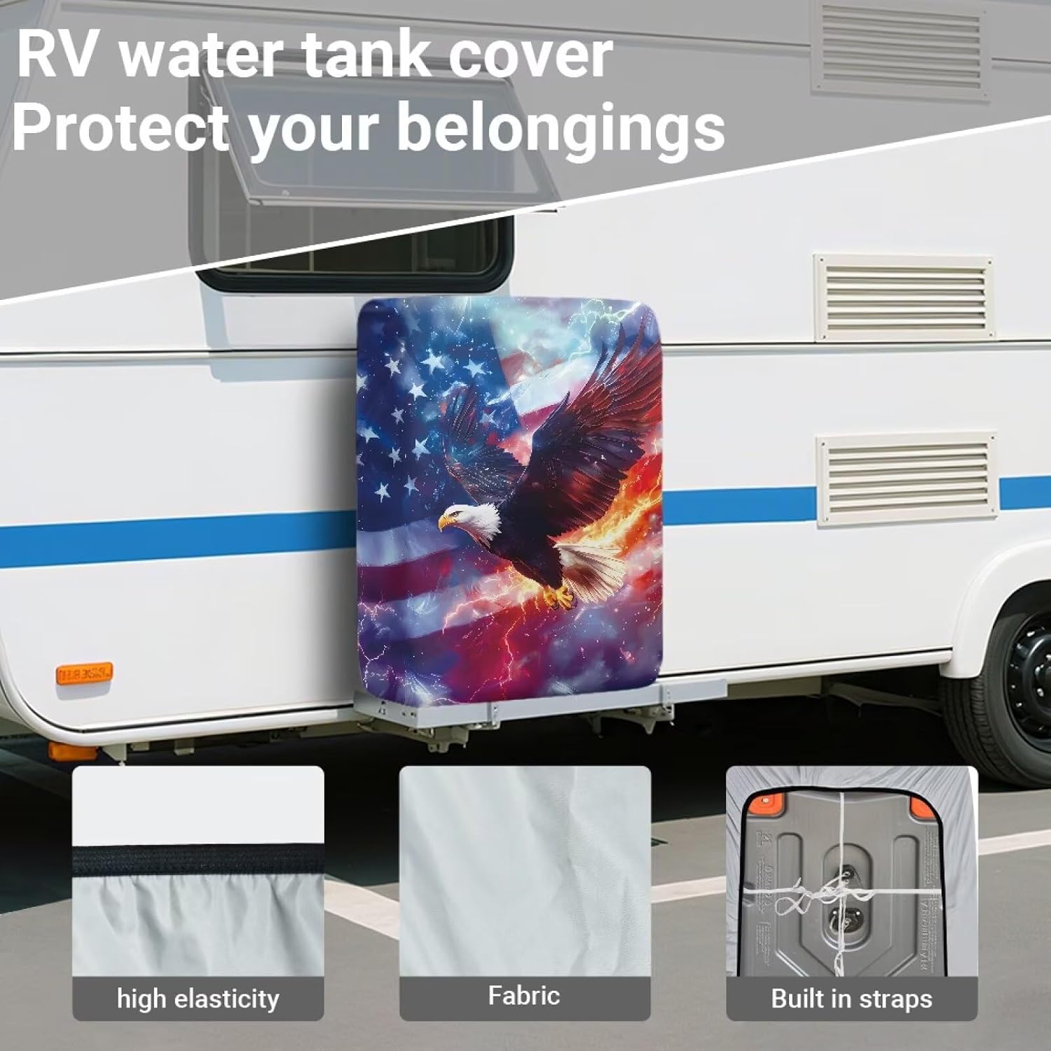 Eagle American Flag RV Tote Tank Cover Waterproof & Dustproof RV Portable Waste Tank Cover Compatible with Rhino 28-36 Gallon Tote Tanks