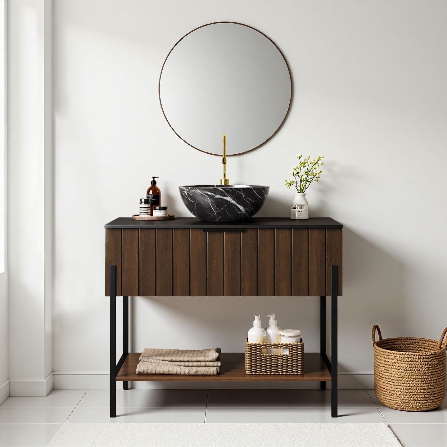 Ambrovina 36" Freestanding Bathroom Vanity with Single Sink, Modern Bathroom Storage Cabinet with Drawer and Open Shelf, Black SBowl Shape Ceramic Above Counter Basin, Metal Legs, Dark Walnut