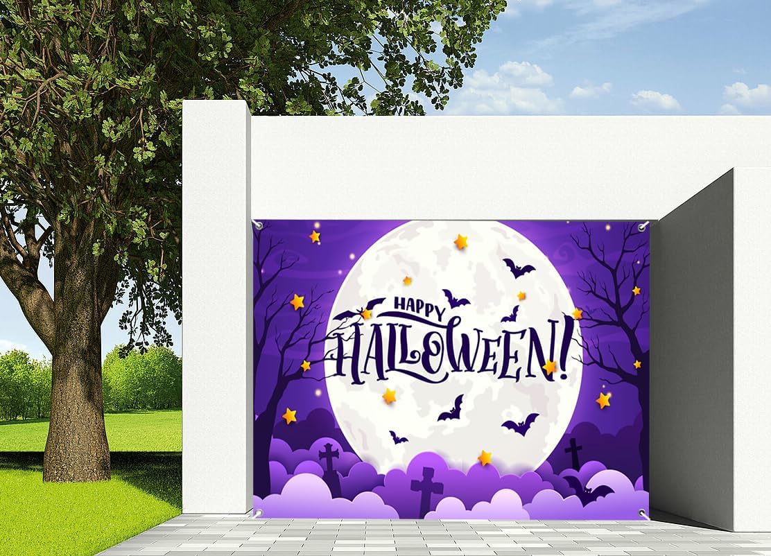 7x8ft Halloween Night Sky Garage Door Decor Full Moon with Bats Stars Tombstones Bare Trees Happy Halloween Garage Door Cover Indoor Outdoor Celebration Festive Decor