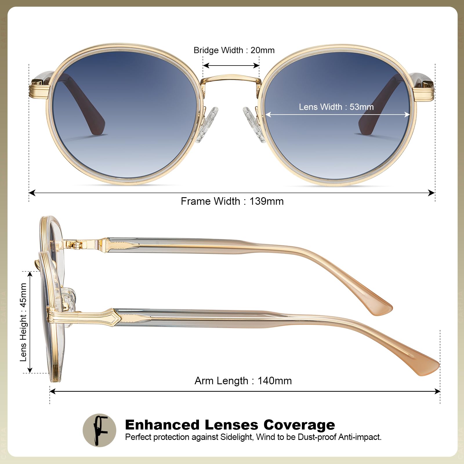 CARFIA Fashion Okulary Przeciwsłoneczne Damskie Okulary Damskie z Polaryzacją Okrągłe Okulary Damskie Metalowa Oprawka