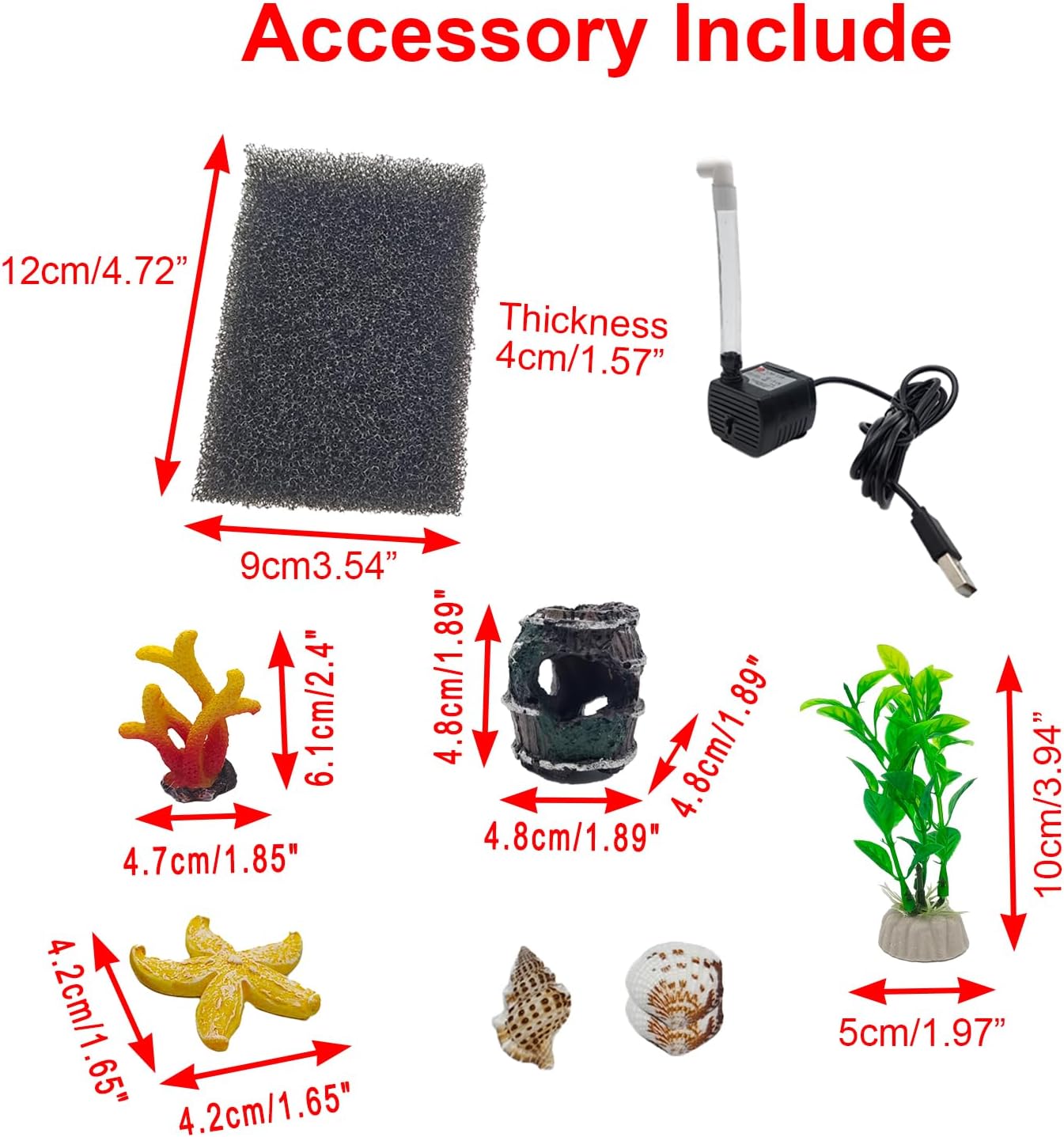 2.9L (0.78 Gal) Acrylic Betta Fish Tank with Water Filter Pump LED Light Decor Stones Seashells Resin Starfish & Coral Artificial Plants Fish Aquarium Kit for Small Fish and Shrimp, White