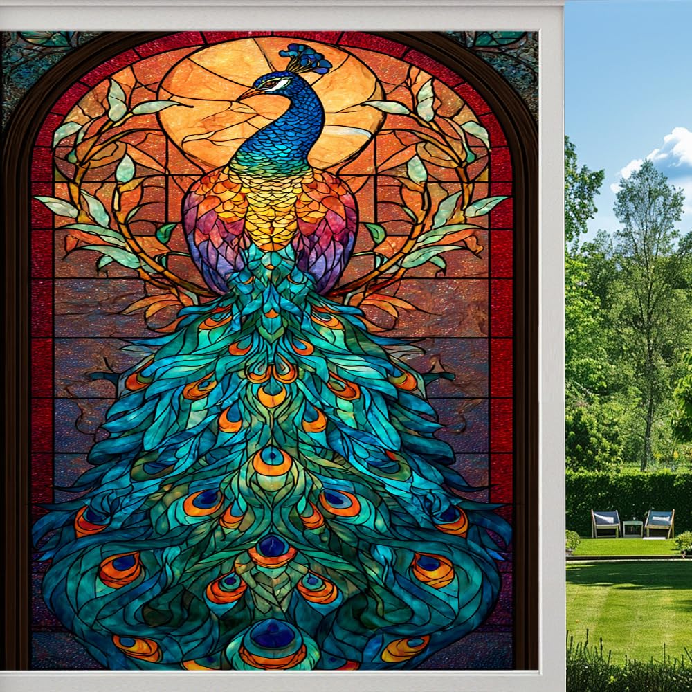 Pmlbaous Colorful Peacock Frosted Window Film, Natural Blue Feathers Bird Stained Glass Privacy Film, Heat Insulation Self-Adhesive Vinyl For Bathroom Office, （80X120cm）