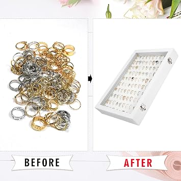 Siveit Velvet Ring Display Tray Organizer Box with Transparent Lid, 100 Slot Ring Holder Showcase For Store Display Jewelry Show Home, Ring Organizer For Rings Earrings (Ivory)
