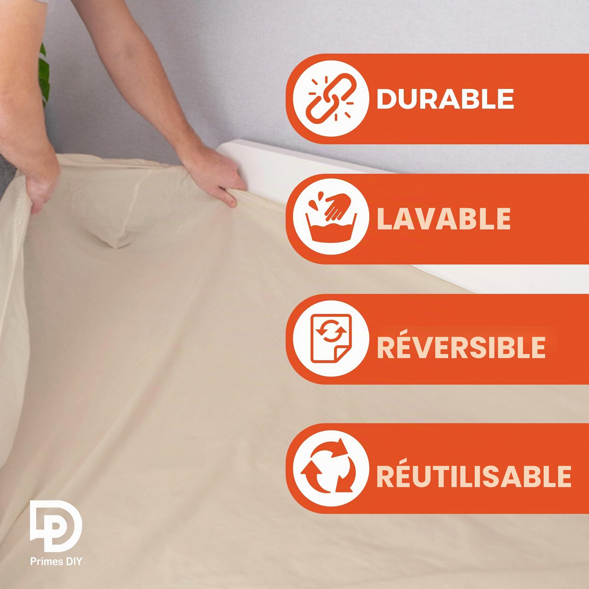 PRIMES DIY Bâche anti-poussière en coton sergé de qualité professionnelle pour peinture et décoration, durable, réutilisable, housse de meubles, toile naturelle, tissu de haute qualité, 3,7 x 2,7 m