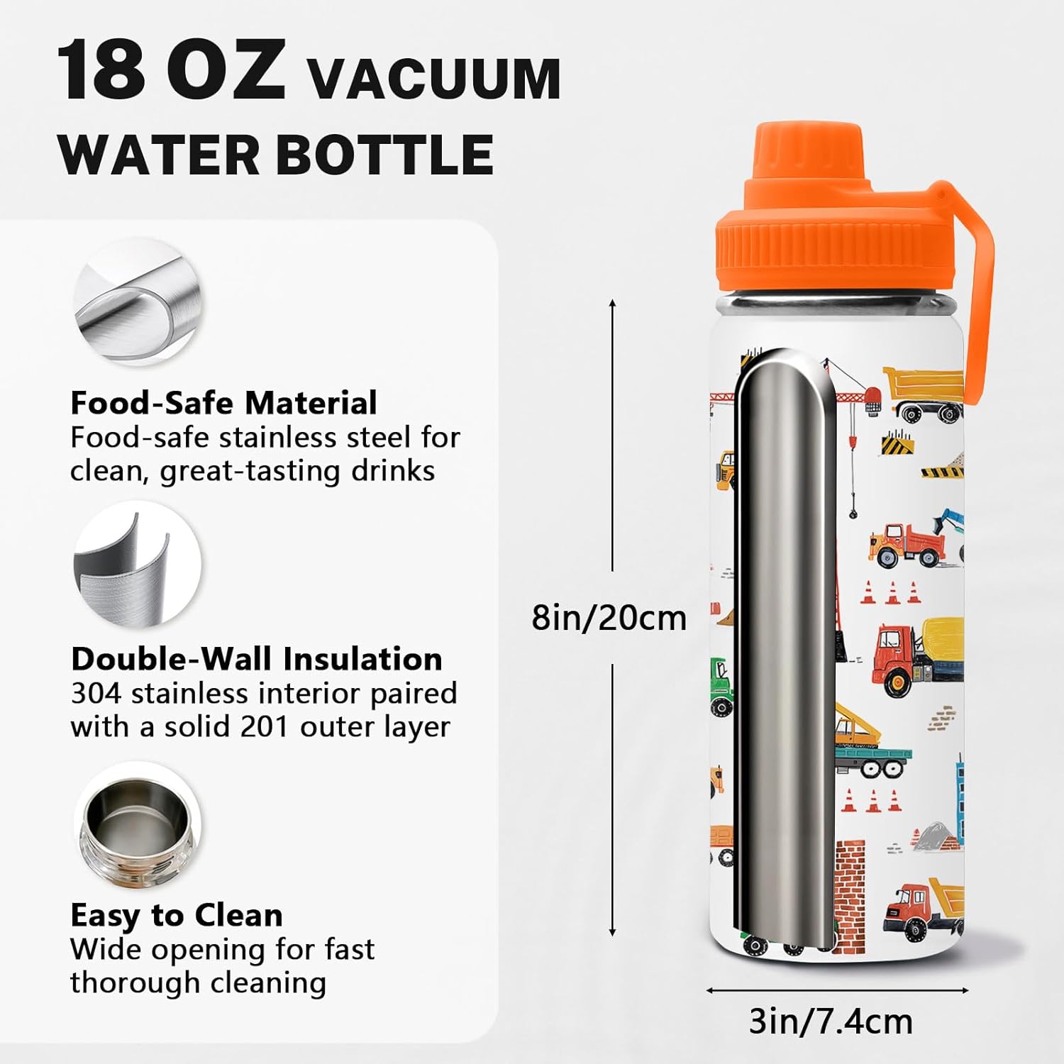 Cartoon Car Excavator Water Bottle for Son, Stainless Steel Insulated Tumbler for Home with 2 Lids & Handle, Antislip Silicone Boot, 18oz Reusable Leak-Proof Bottle for Sports, 1 PCS - Image 5