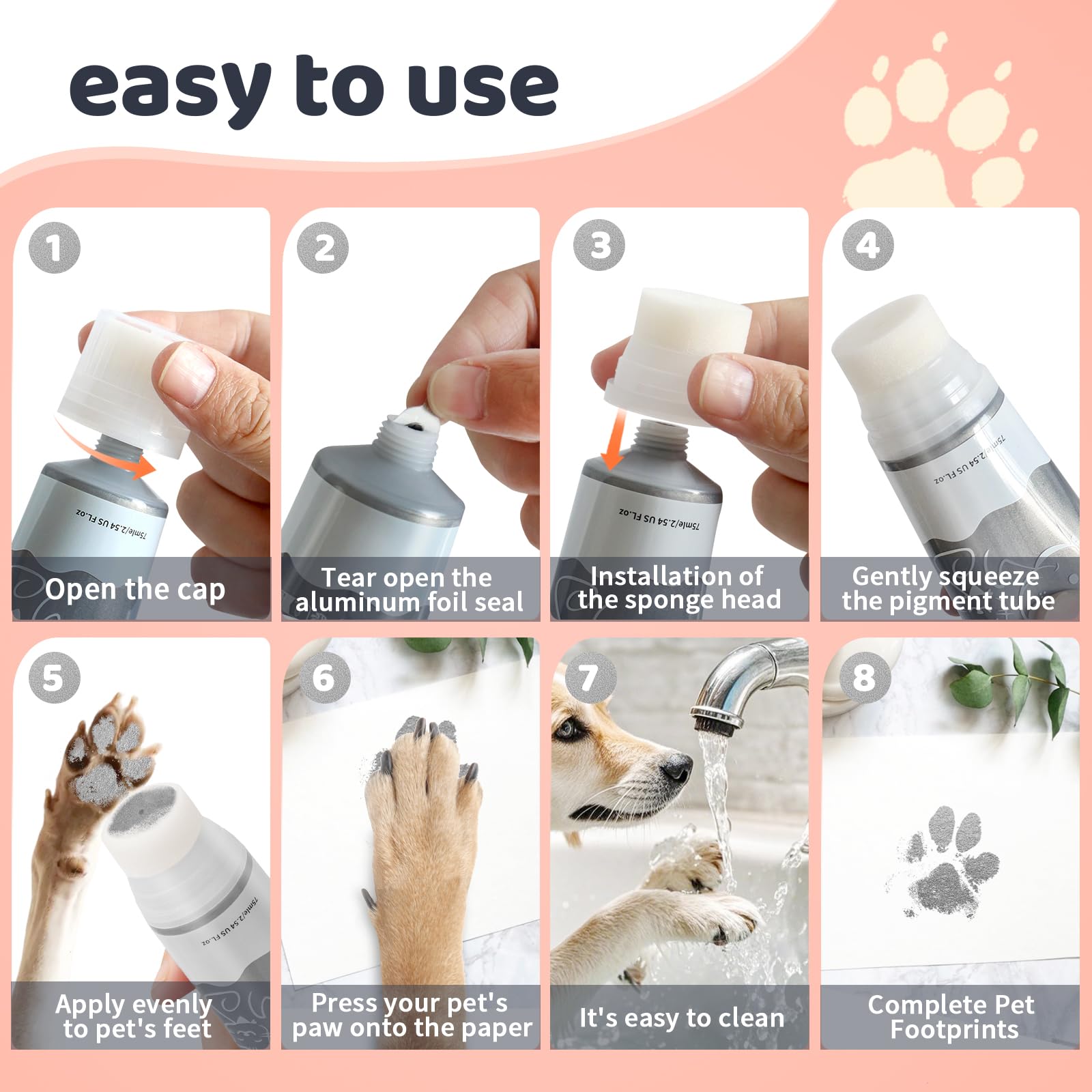 Nabance 75ml Dog Paw Print Kit, Pet Paw Print Kit, Cat Paw Print Kit with Sponge Attachment, Easy to Colour&Clean - Image 2