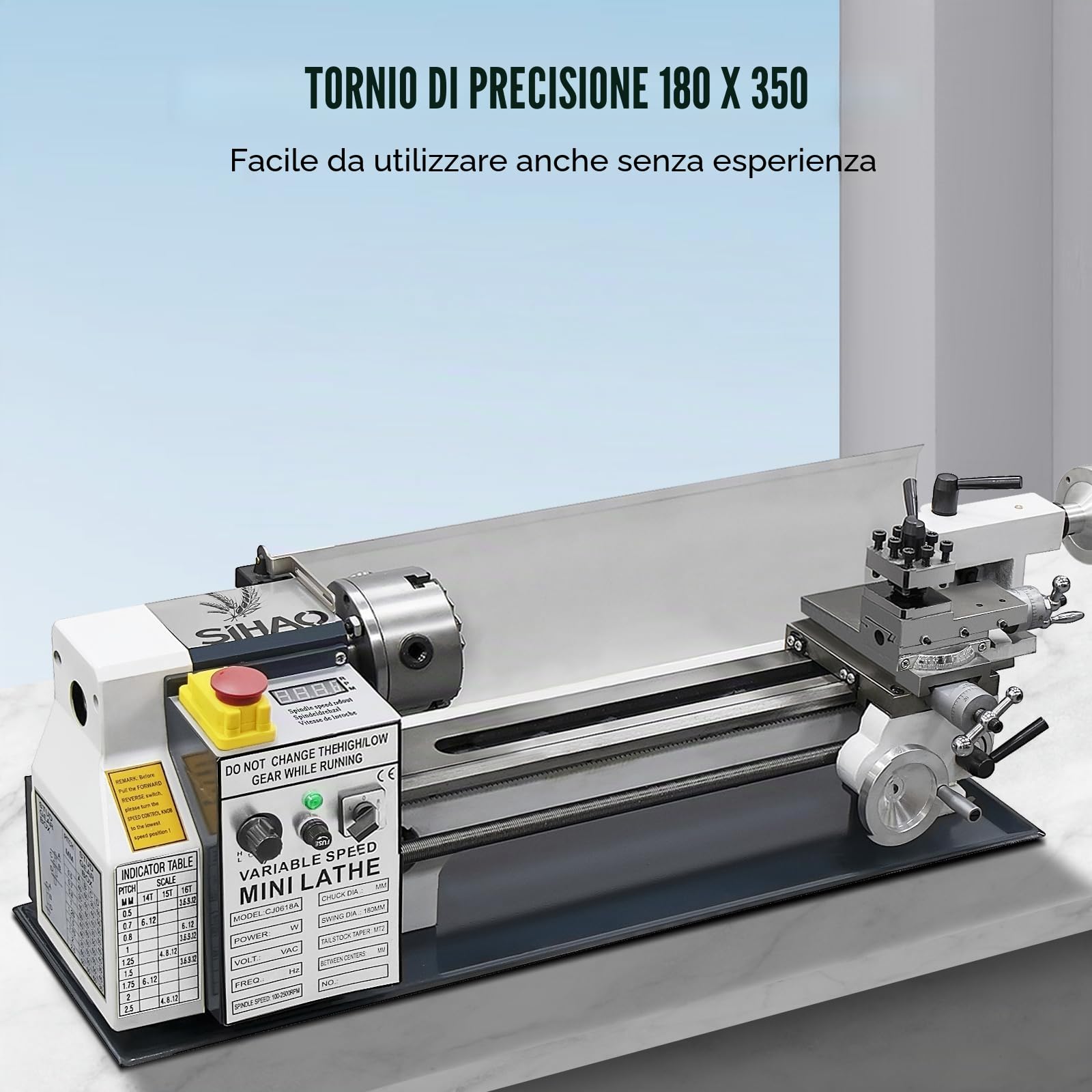 Tornio per Metallo 180MMx350MM 750W Mini Tornio Metallo,Metallo Ingranaggio Con Porta Coltello e Pennello,Velocità Variabile 0-2500 Giri/min,Tornio per Metalli per Filettatura/Tornitura/Foratura