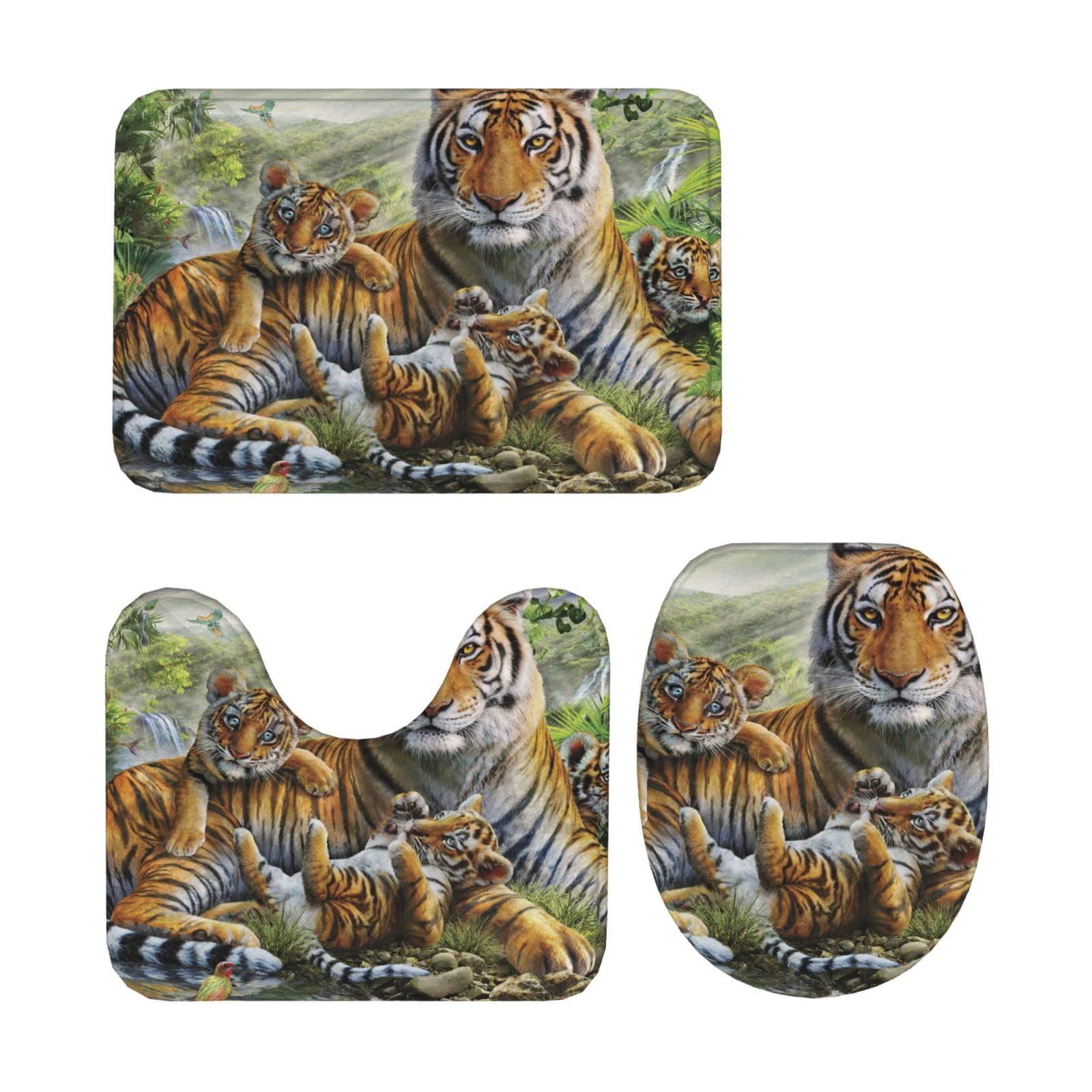 Danlim Lot de 3 tapis antidérapants pour salle de bain, super absorbants, lavables en machine, motif tigre de la jungle