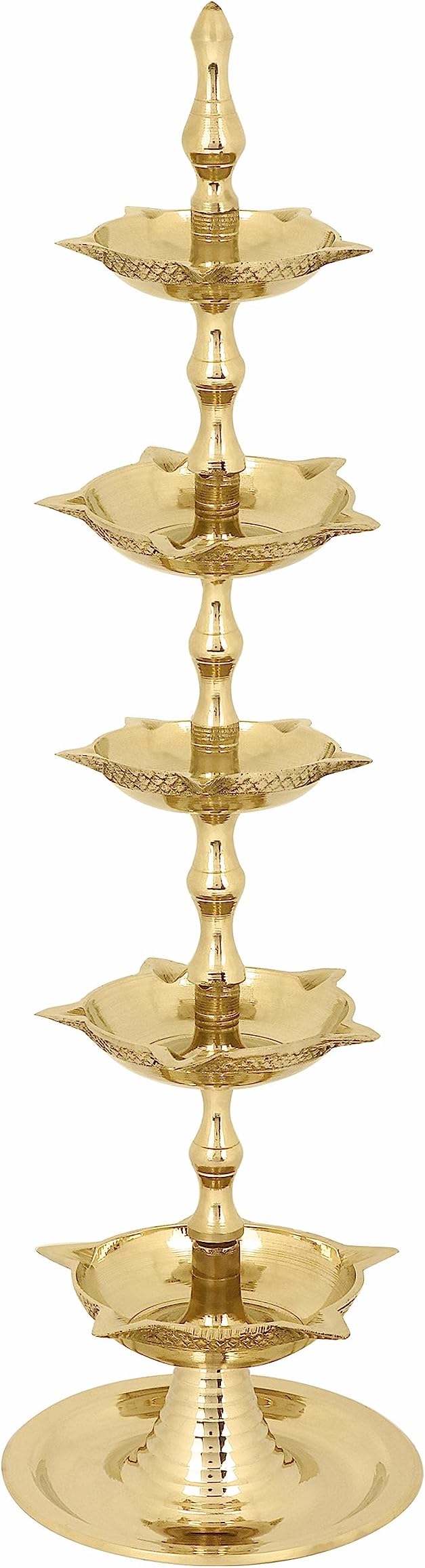 SATVIK Standing Brass Kerala Samai Diwali Deepak for Puja Traditional Panchmahal Pooja Deepam Diya Oil Lamp Kutthu Vilakku Dia 5 in 1 Step Adjustable 13 inch Deepawali Indian Gift Item