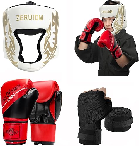Juego de casco y guantes de boxeo 3 en 1 para adultos jóvenes, un par, equipo de entrenamiento de combate de entrenamiento para MMA Kickboxing Muay