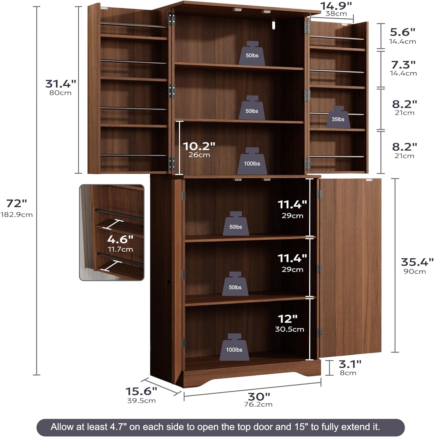 72" Tall Kitchen Pantry, Farmhouse Pantry Storage Cabinet with Doors Organizer, Freestanding Cupboard with Adjustable Shelves, Rustic Buffet Cabinet for Kitchen, Dining Room, Bathroom, Walnut