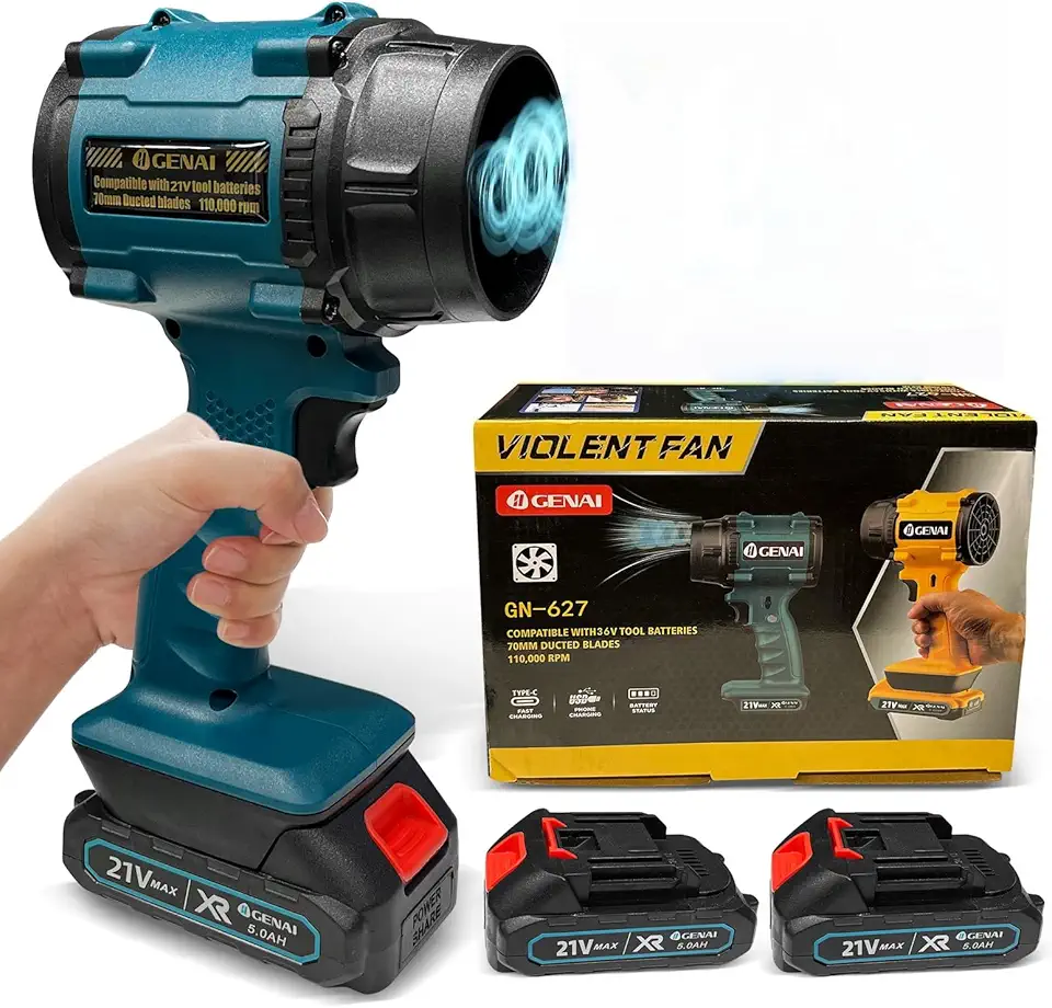 Soprador de Folhas a Bateria, Turbo Portátil Secador de Pêlos para Carros Turbina para Carro Automotivo Muito Forte com 21V 2 Baterias