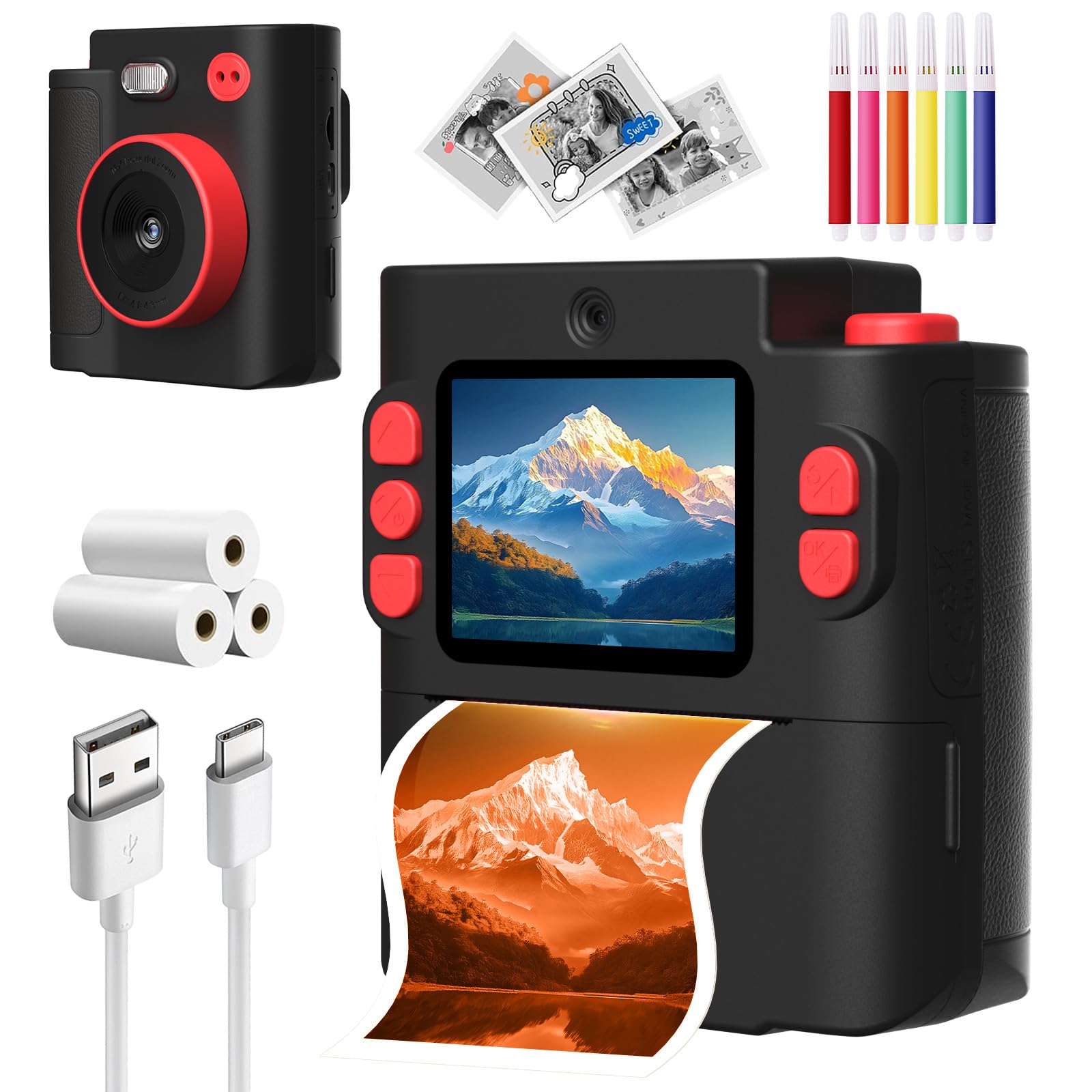 Wembley Kids Instant Print Camera with Dual Lens, 48MP, 1080P HD, 2.4" IPS Screen, 16X Zoom, 32GB SD Card, Thermal Printing, 6 Pens, 4 Rolls, USB Type-C, for Girls & Boys- Black