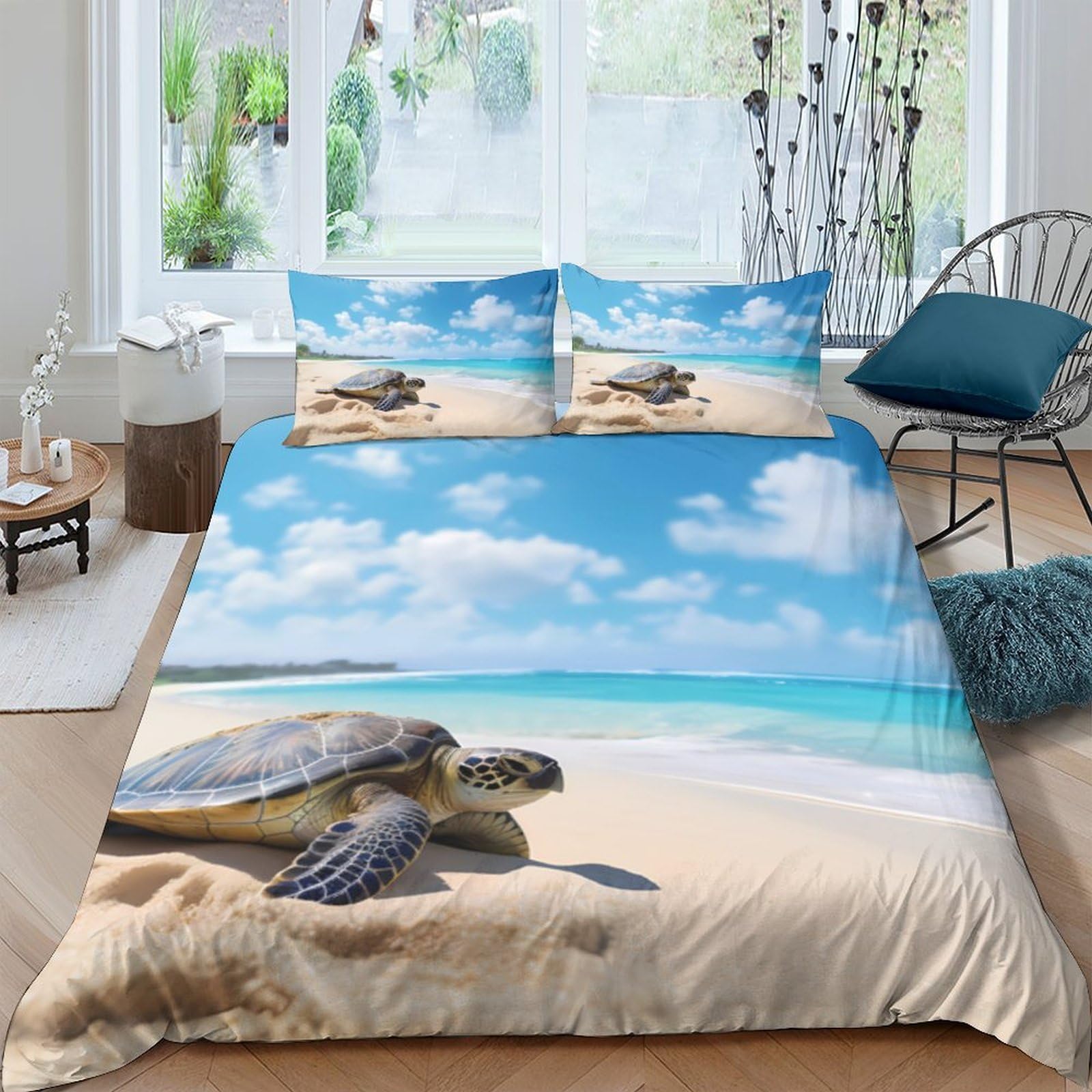GPLZQXKJNH 3D Printed Sea Turtle Beach Duvet Cover Microfiber Bedding Set with 2 Pillowcases, Ocean Sky Quilt Cover for Bedroom Decor, Single（135x200cm）