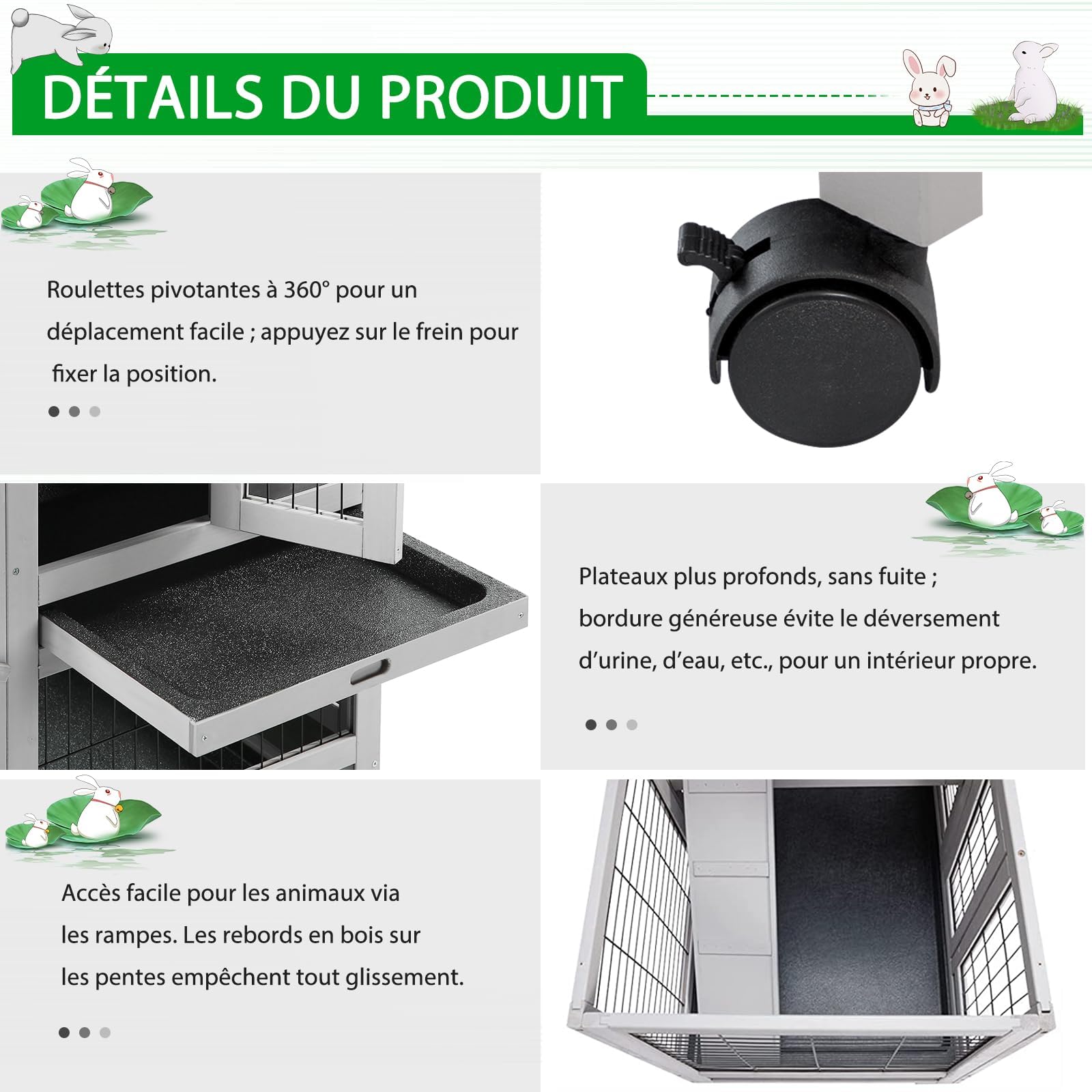 YODOLLA Clapier en Bois sur roulettes, Clapier Lapin Exterieur, clapier à Lapin intérieur, 2 Étages & 3 Portes Verrouillables & 2 Plateaux Amovibles & Maille Métallique, 94 x 62 x 85 cm, Gris