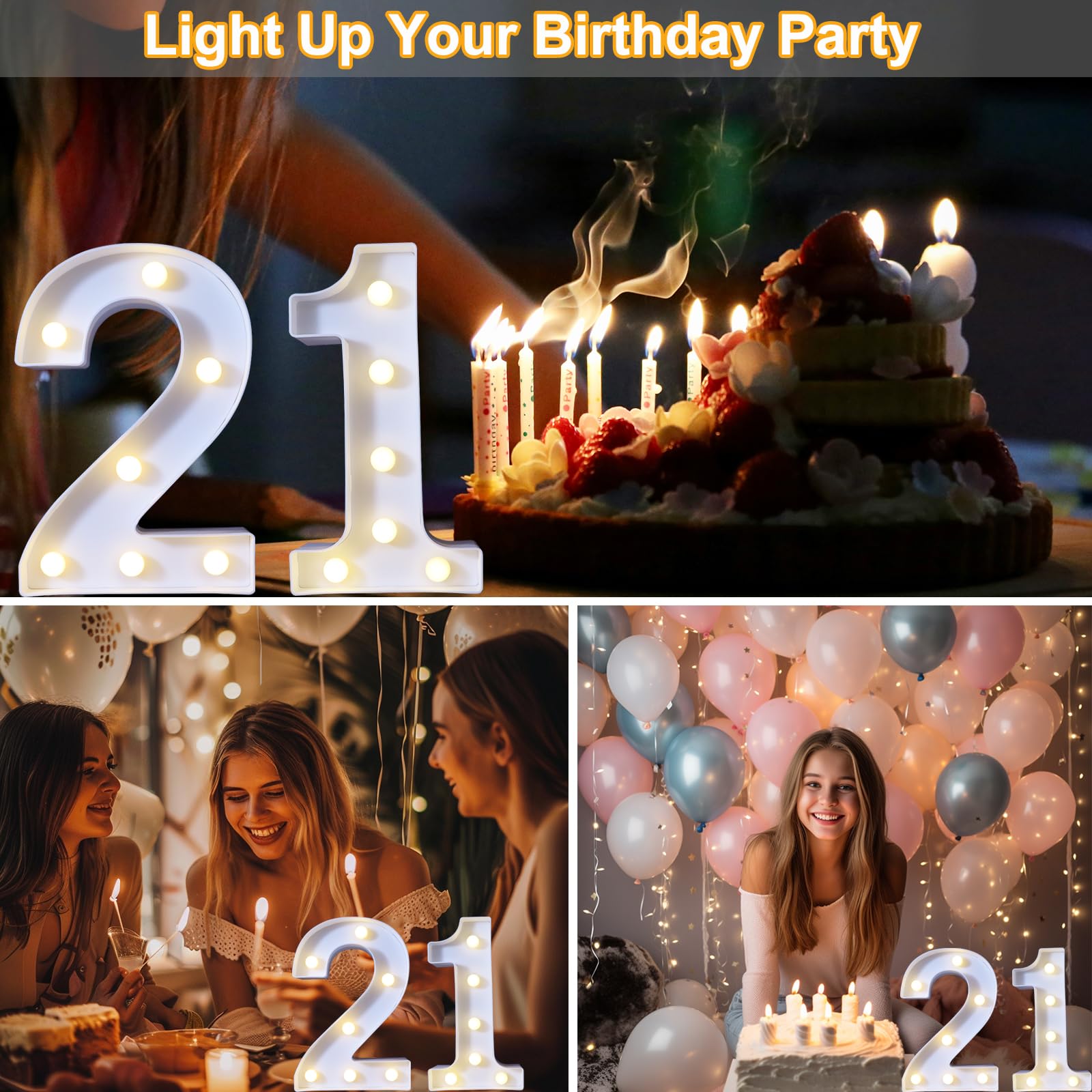 8.8" Decorative LED Light Up Numbers, Marquee Numbers Lights for 21st Birthday Decorations, Lighted Number Sign for Birthday Party Night Lights Anniversary Backdrop Home Decor, White Number 21 — view 4