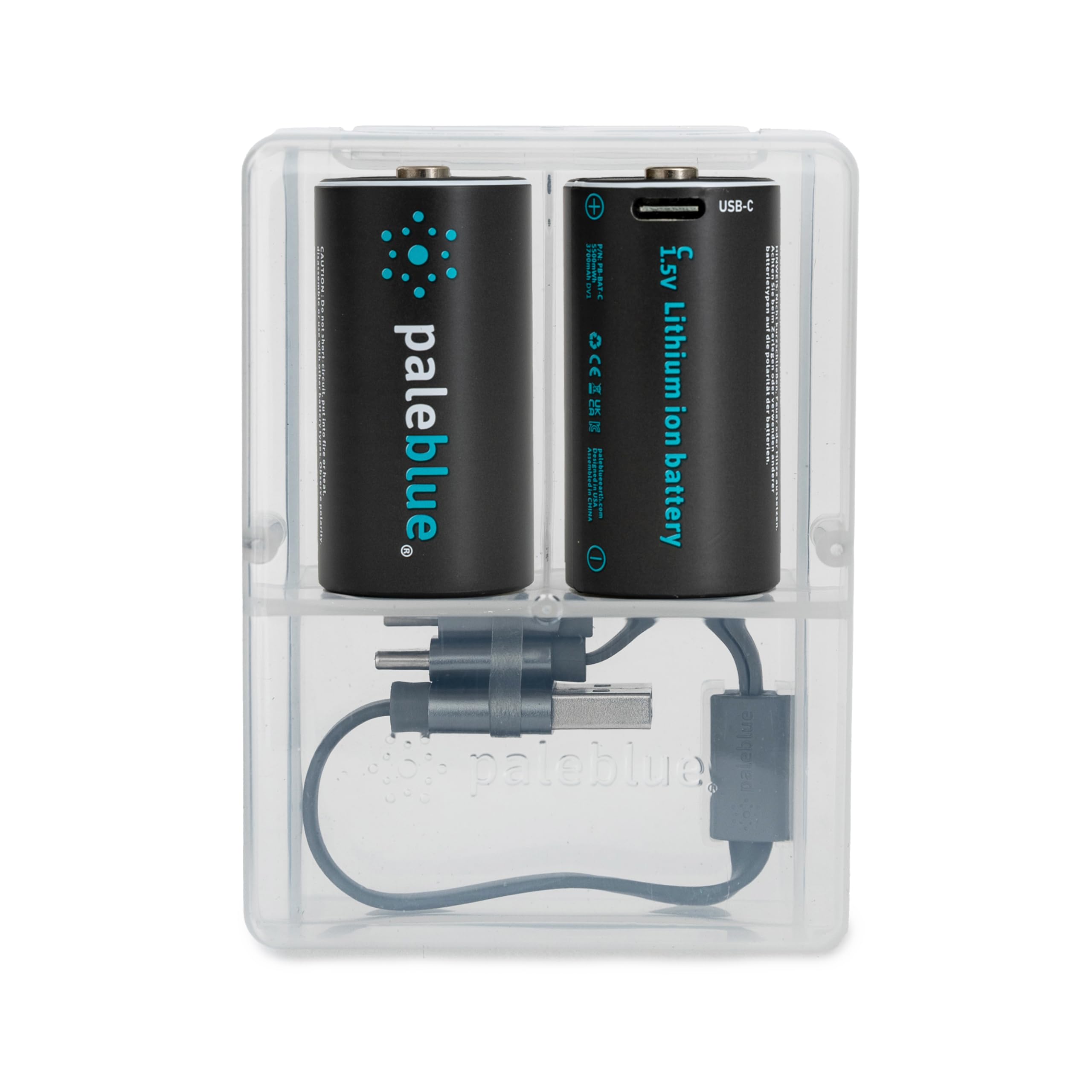 Rechargeable C Batteries with USB Charger by Pale Blue, Lithium Ion 1.5v 2800 mAh, Charges Under 3.5 Hours, Over 1000 Cycles, 2-in-1 USB to USB-C Charging Cable, LED Charge Indicator, 2-Pack