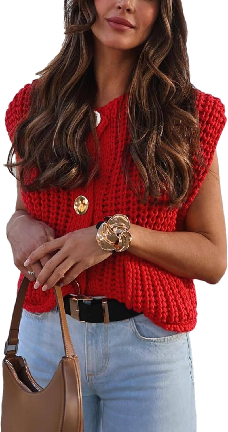 Bozanly Womens Chunky Knit Sweater Vest Cute Button Down Sleeveless Crop Crochet Cardigan Vest 2025 - Image 2
