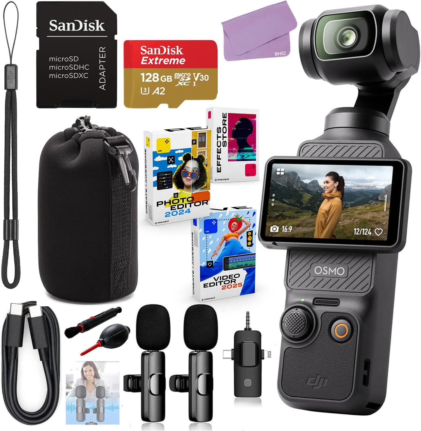 DJI Osmo Pocket 3 Bundle + Accessory Package Including 128GB Micro SD Extreme Card, Wireless Microphone System, Pouch, Photo-Video Software & More (Renewed)