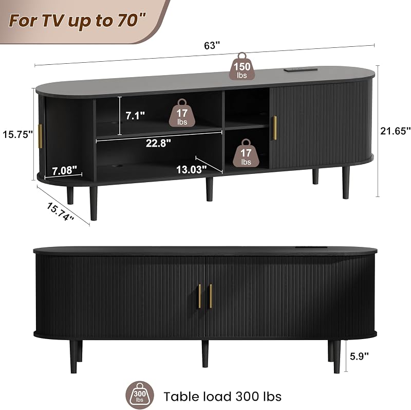 DHH 63 Inch Mid Century Modern TV Stand with Power Outlet for TVs up to 70 Inch, Entertainment Center with Storage and Adjustable Shelves, Media Console with Sliding Doors for Living Room(Black) image 2