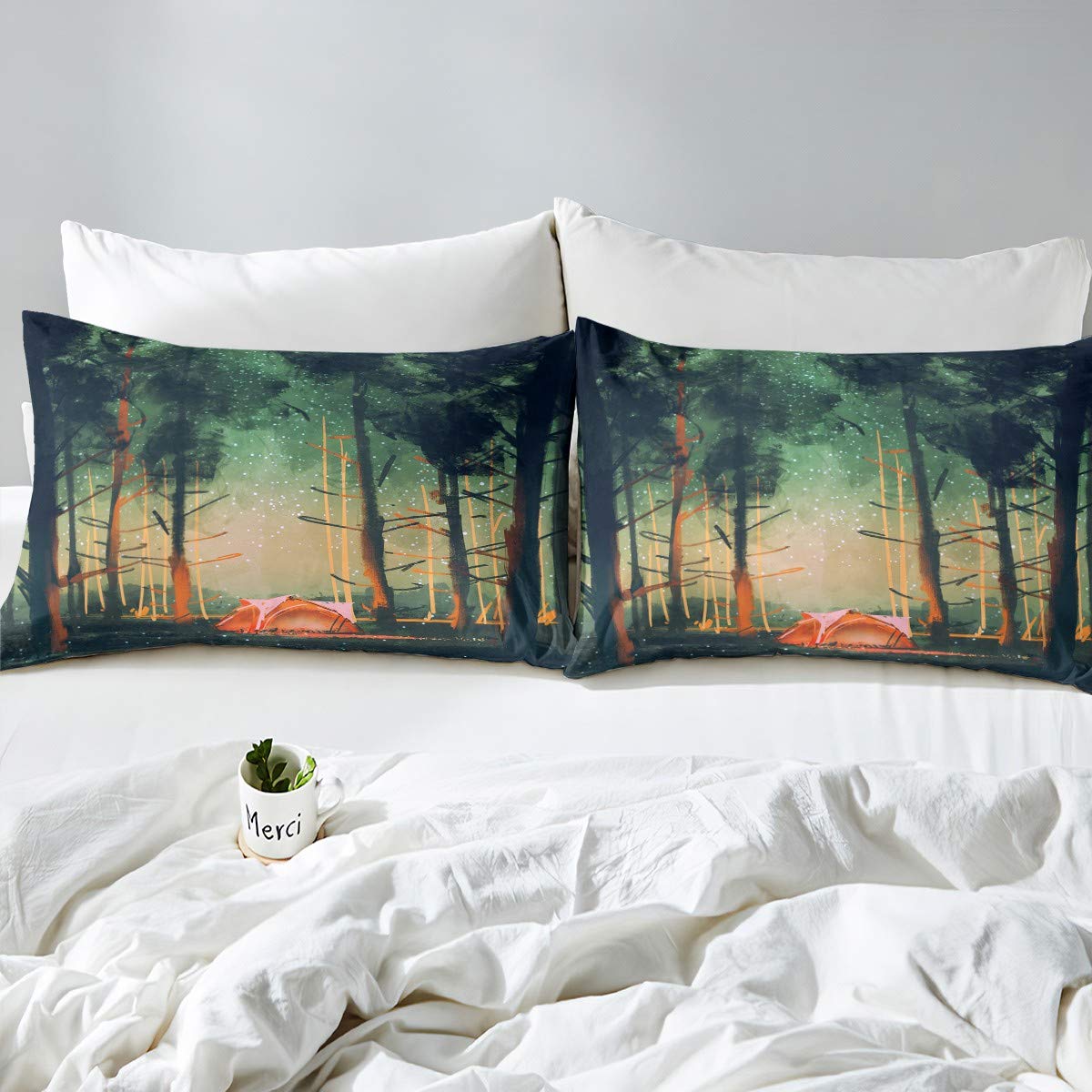 Zestaw pościeli z motywem letniej nocy, błyszczące gwiazdki, zestaw pościeli 155 x 220 cm, różowy namiot, styl kempingowy, zestaw dla dzieci, chłopców, dziewcząt, nastolatków, 2 szt., zamek