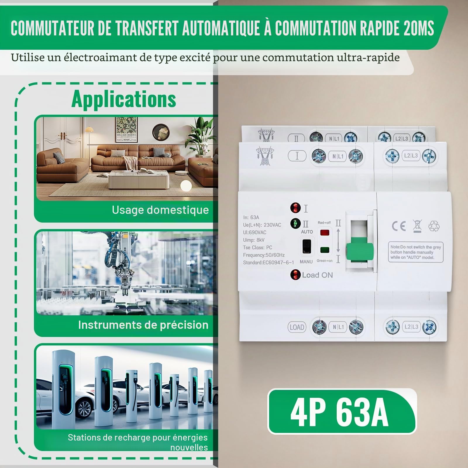 Commutateur de Transfert Automatique, ATS 4P 63A 400V pour Rail DIN | Commutateur Bipolaire Double Alimentation, Commutateurde Charge Électrique pour Alimentation Triphasée