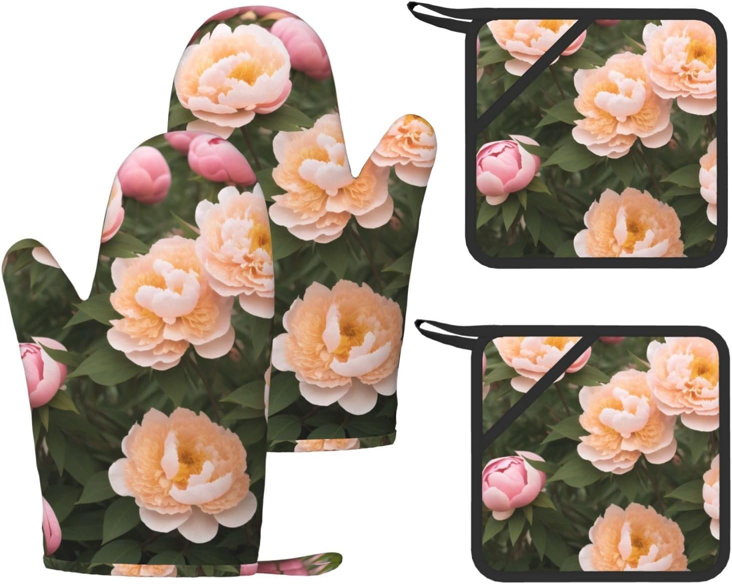 Peonies 4pcs Oven Mitts and Pot Holders Sets for Kitchen, Silicone Oven Gloves Non-Slip Potholders Hot Pads for Baking Cooking