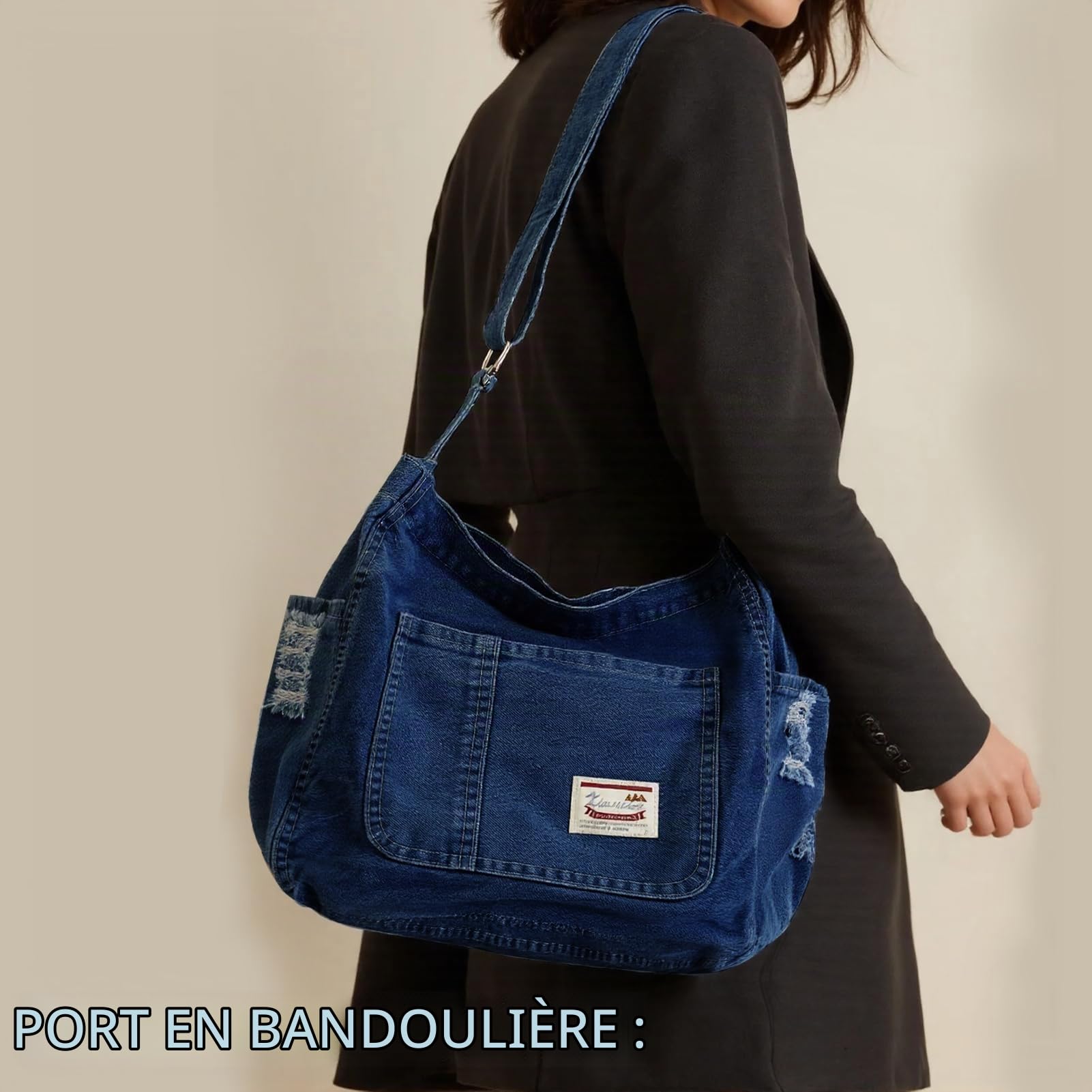 Sac en Jean Femme Cabas Bandoulière Fourre-tout Tote Bag | En Denim, Grand Capacité, Léger, avec Bandoulière Ajustable et Poche Intérieure , pour Shopping Voyage