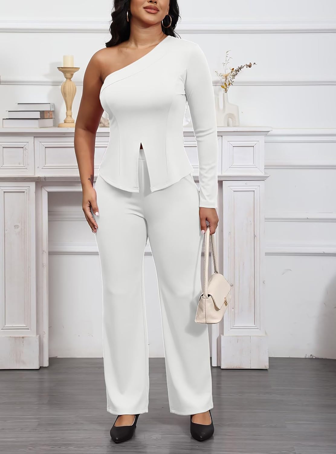 Aro Lora Womens Sexy 2 Piece Outfits One Shoulder Long Sleeve Slit Top and Pant Set Dressy Pantsuits - Image 6