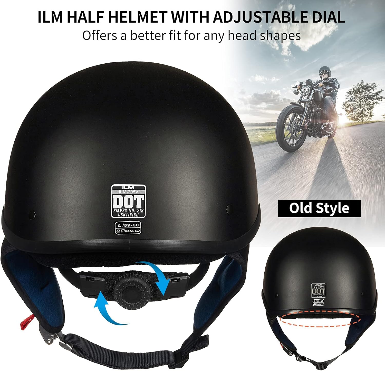 ILM Half Helmet Motorcycle Open Face Sun Visor Quick Release Buckle DOT Approved Cycling Motocross Suits Men Women 205V(XXL, Matt Black)