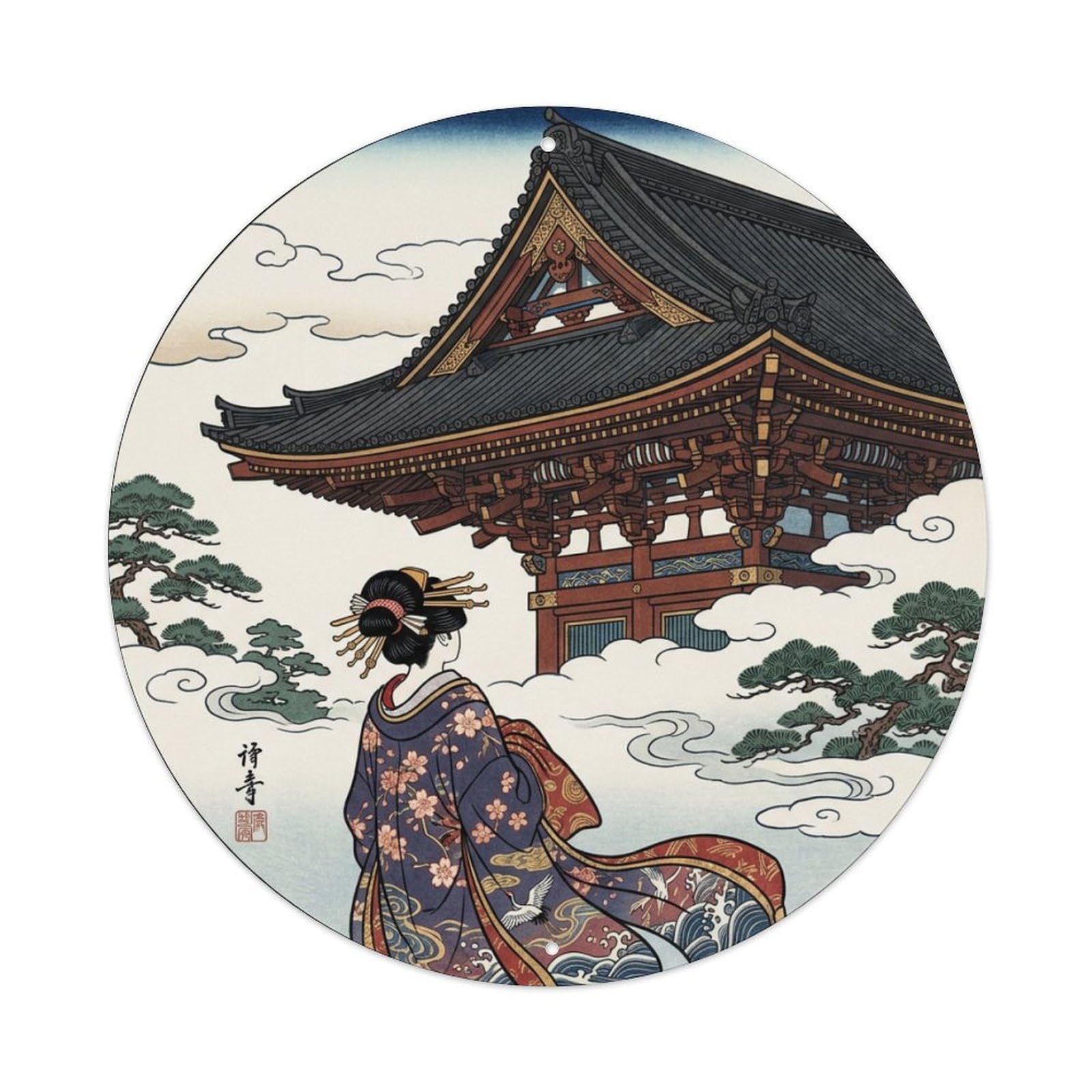 Fqnyr Style Metal Tin Sign Japanese Geisha Eaves Curved Roof Architecture