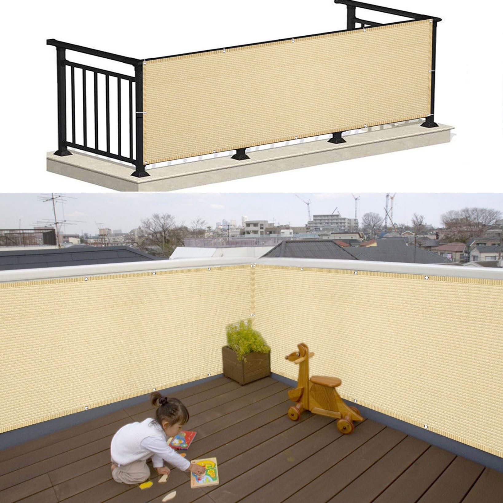 Osłona Ekranu Chroniąca Balkon 155 x 350 cm Stopień Zacienienia 90%. Kontrola Ogrodzenia Prywatności W HDPE Z Opaskami Kablowymi Do Ogrodu, Płotu, Tarasu, Kolor kremowy