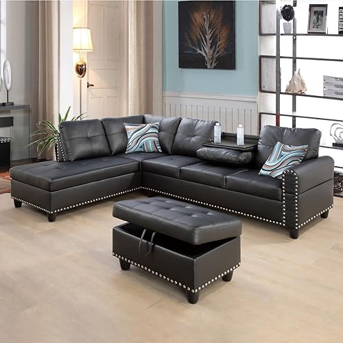 EMKK Sectional Sofa Storage Ottoman,Cup Holders,Upholstered L-Shaped Couch for Living Room/Apartment/Office/Small Space, Black CupHodler