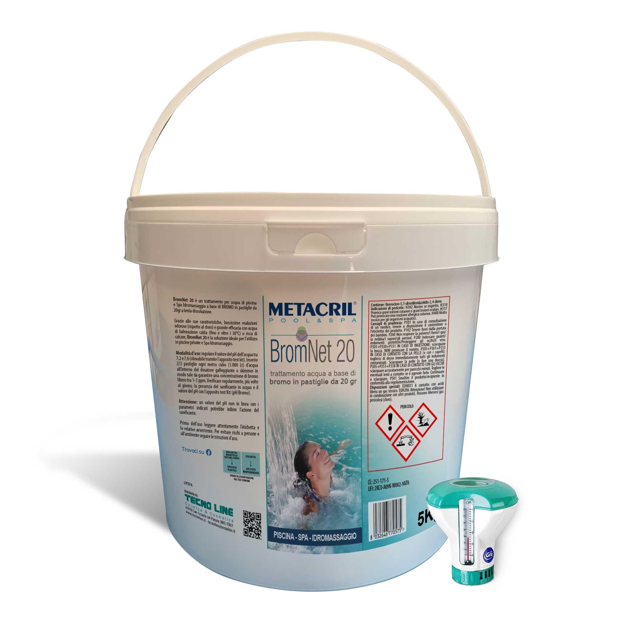 Metacril Brom Net 20 + Dos. Galleggiante, Bromo in pastiglie da 20gr - 5 KG | Ideale per Piscina e Spa Idromassaggio con Dosatore Galleggiante con Termometro