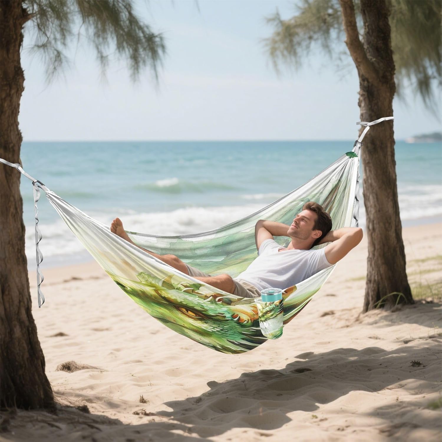 ALAZA Green Dragon Portrait Camping Hammocks Single or 2 Person 500 lbs Portable Parachute Travel Hammock w/Tree Straps for Hiking Backpacking Indoor Outdoor