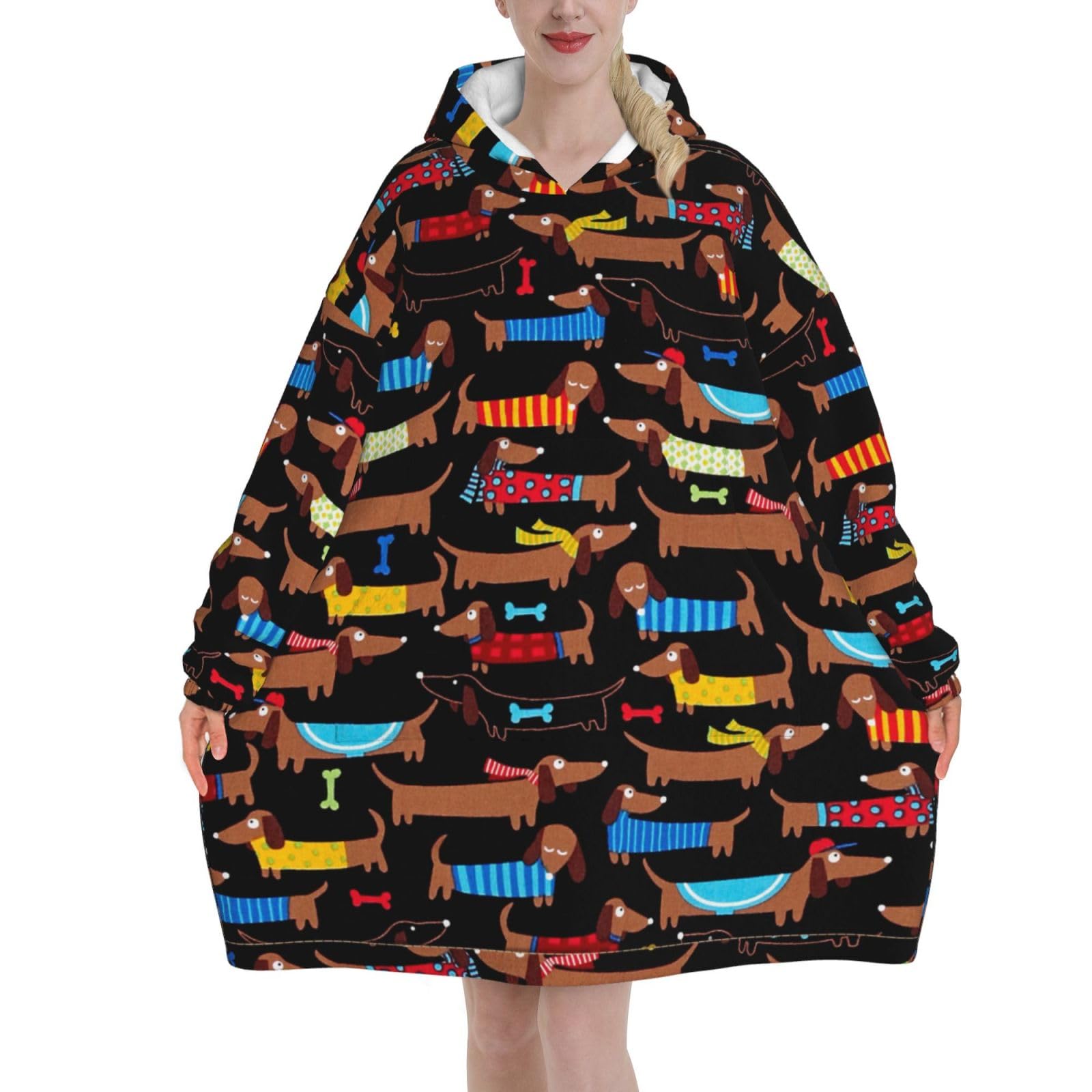 Sweat à capuche couverture teckel plaid géant à manches unisexe - 8