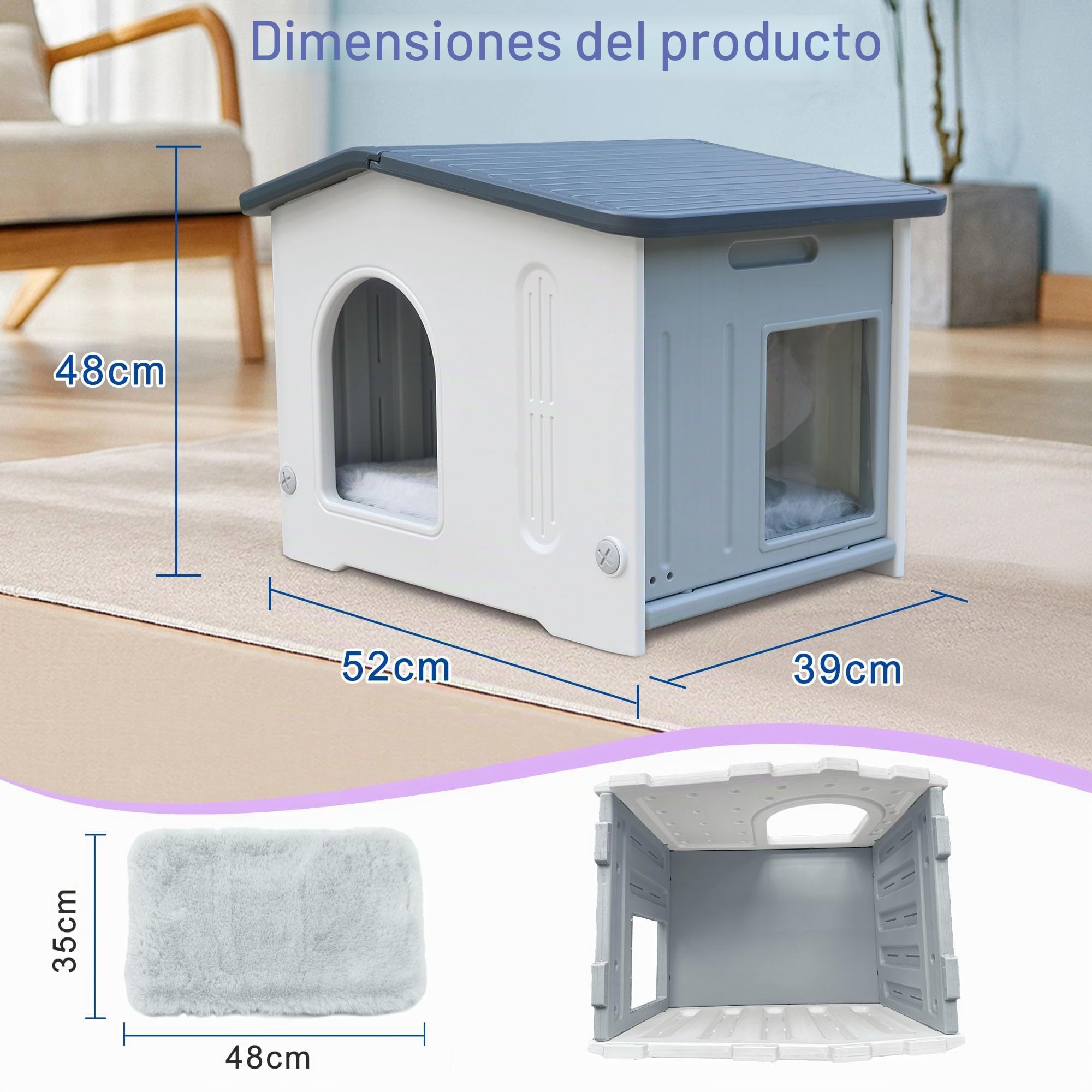 Caseta para gatos de interior de plástico salvaje - Casa al aire libre para gatos y cachorros - Gris