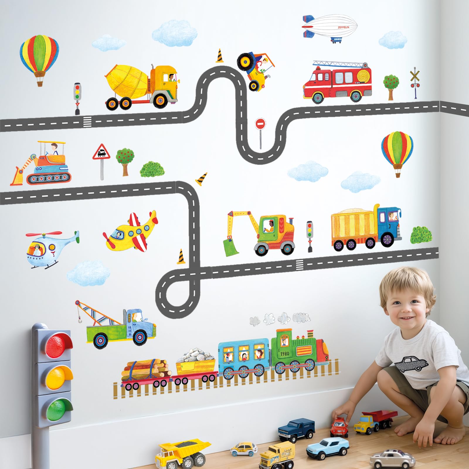 DECOWALL SG2-2107 Construction Transportation Wall Decals Car Truck Tractor Road Stickers for Kids Boys Living Room Decor Bedroom Playroom Nursery Peel and Stick Removable