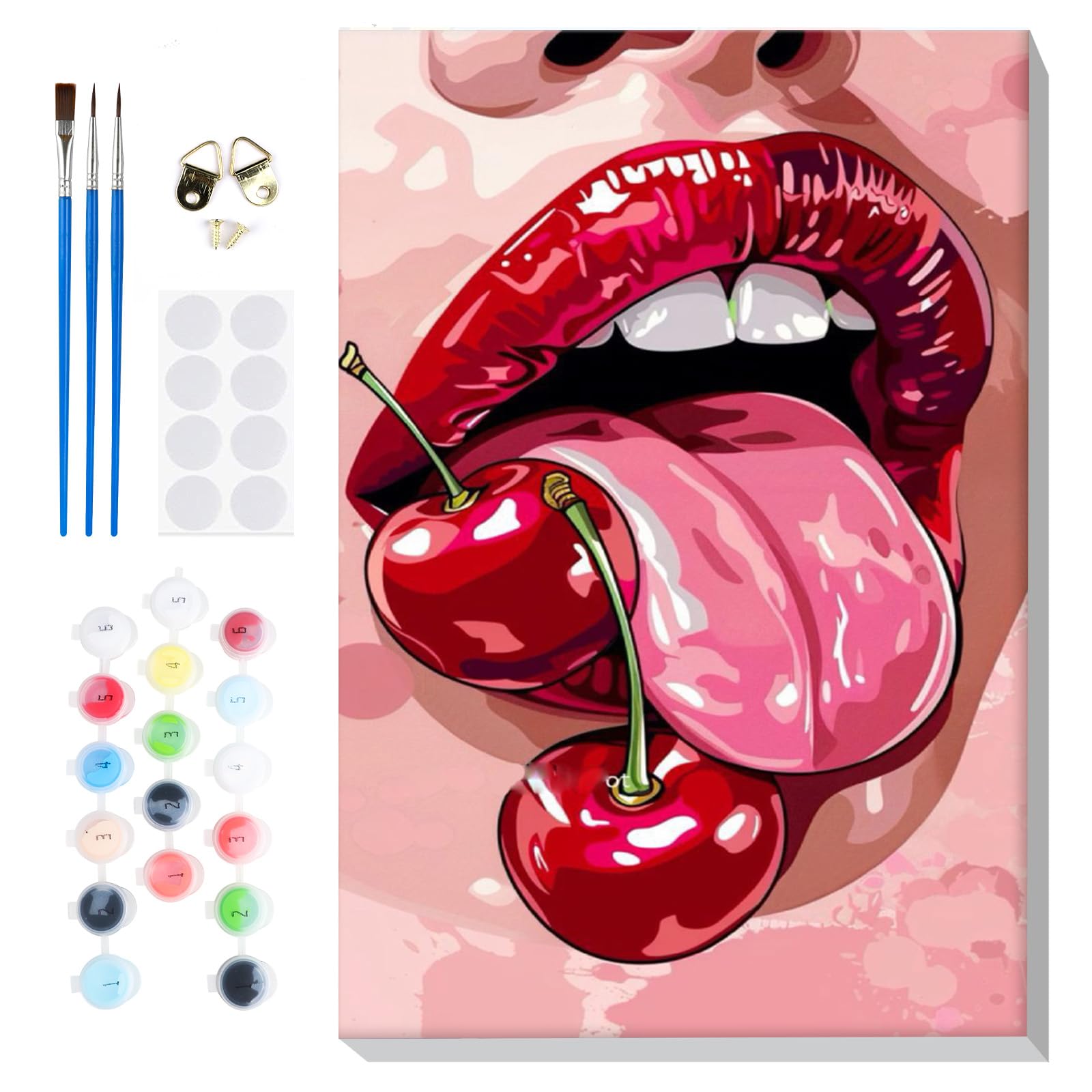 Lxmsja Paint by Numbers Cherry for Adults Beginners with Frame, Painting by Numbers Red Lips on Canvas, DIY Acrylic Oil Painting Kit Art and Crafts Gifts for Home Wall Decor, 8x12inch