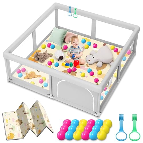 Corralito para bebés con alfombra, 50 x 50 pulgadas, corralito para bebés y niños pequeños, corralito de juego de seguridad resistente con malla