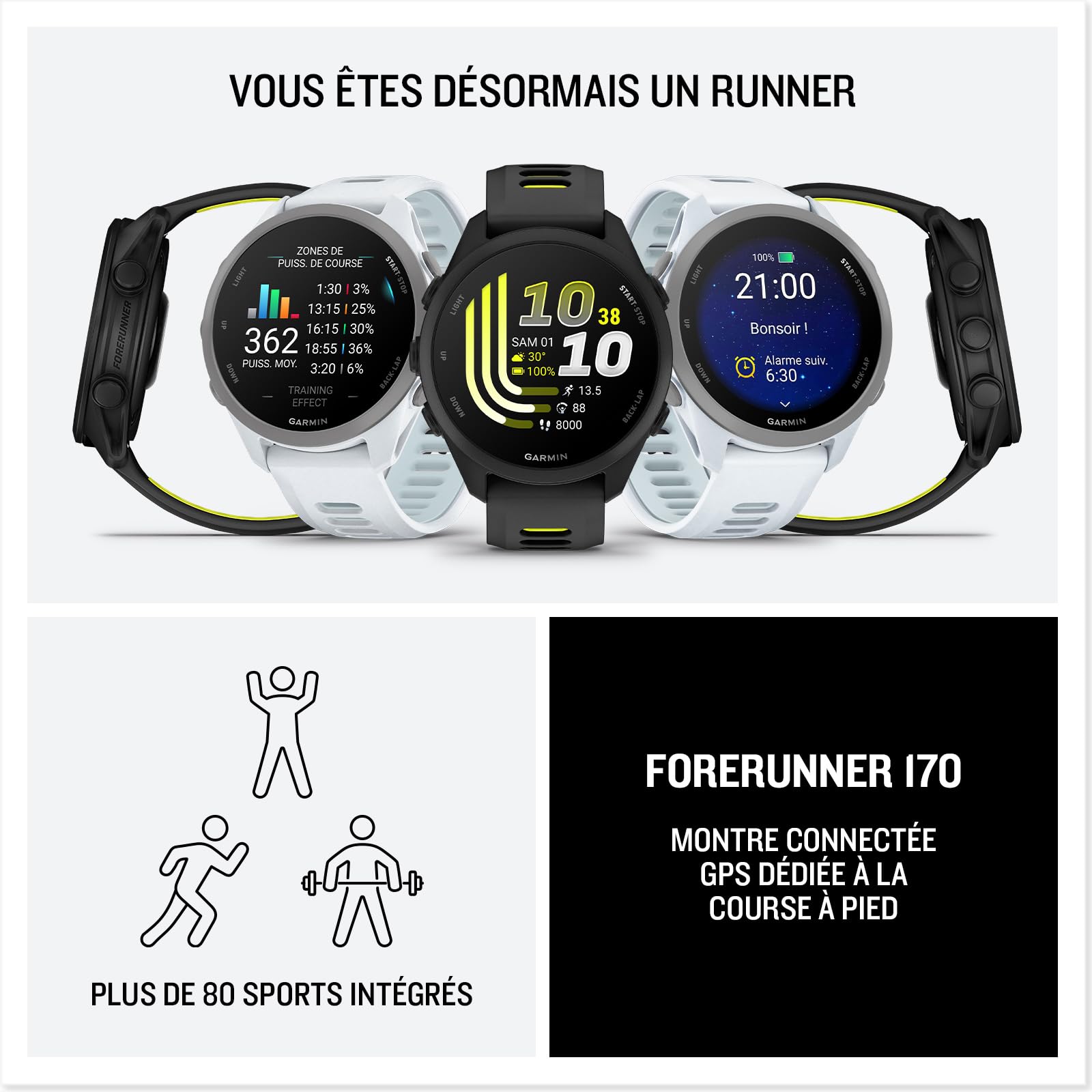 Garmin Forerunner 170 - Montres connectées GPS de Running faciles à Utiliser - Noir - Boîtier 43 mm