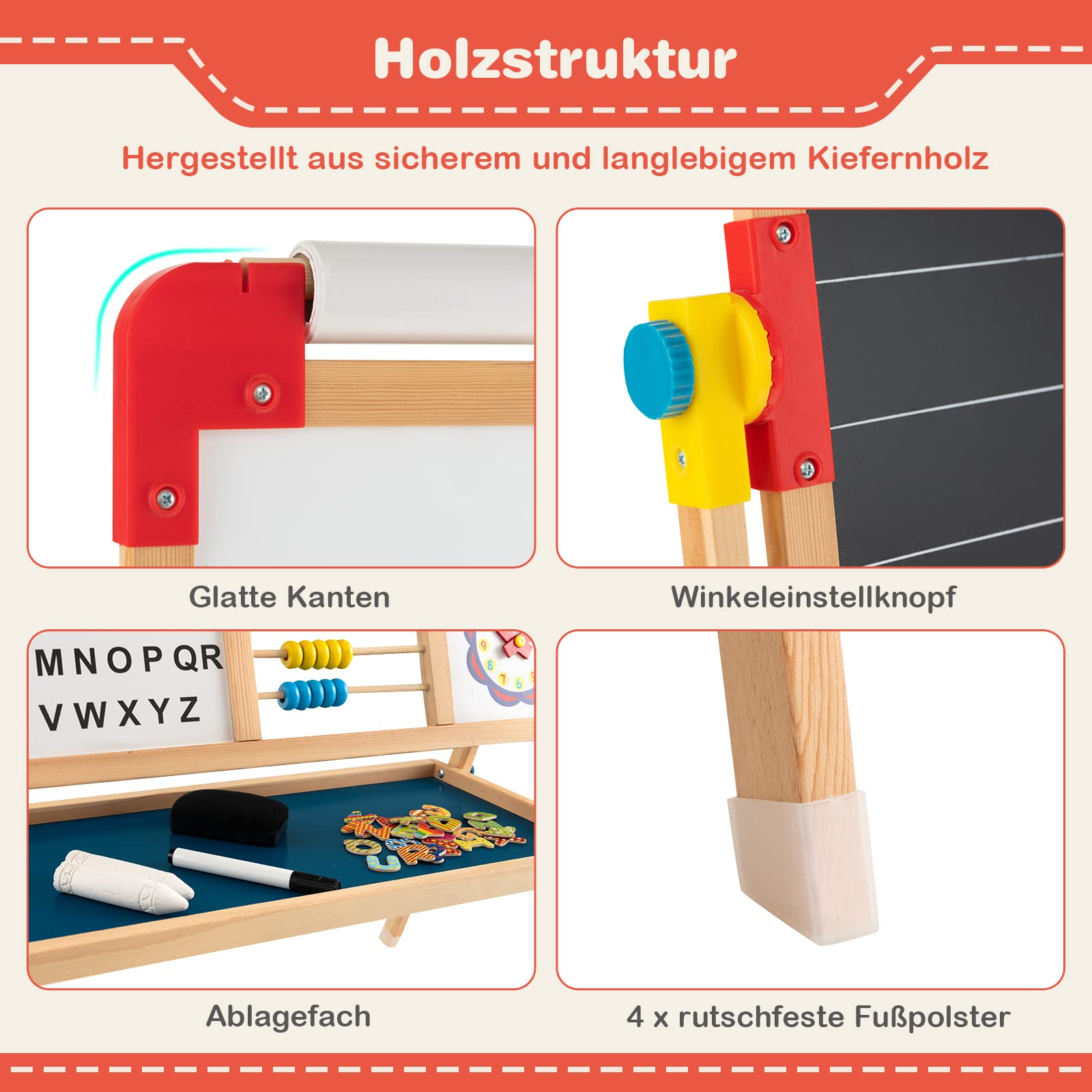 DREAMADE doppelseitige Kinder Staffelei aus Holz, Kinderstaffelei Kindertafel mit Papierrolle Whiteboard und Kreidetafel, inkl. Alphabet Marker Kreide Radiergummi