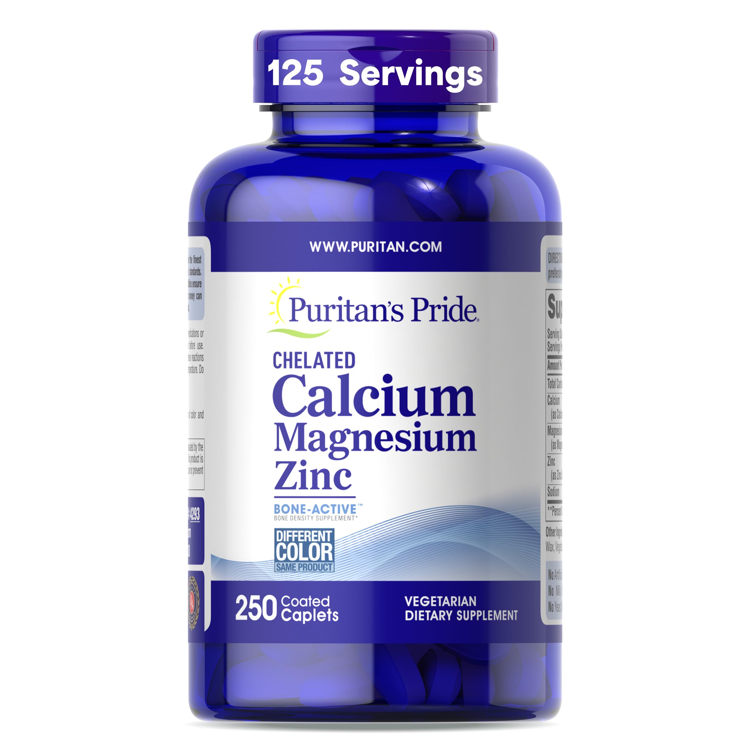Puritan's PridePremium Chelated Calcium Magnesium Zinc with Bone-Active™, Dietary Supplement for Bone Health and Immune Function Support, 250 Coated Caplets