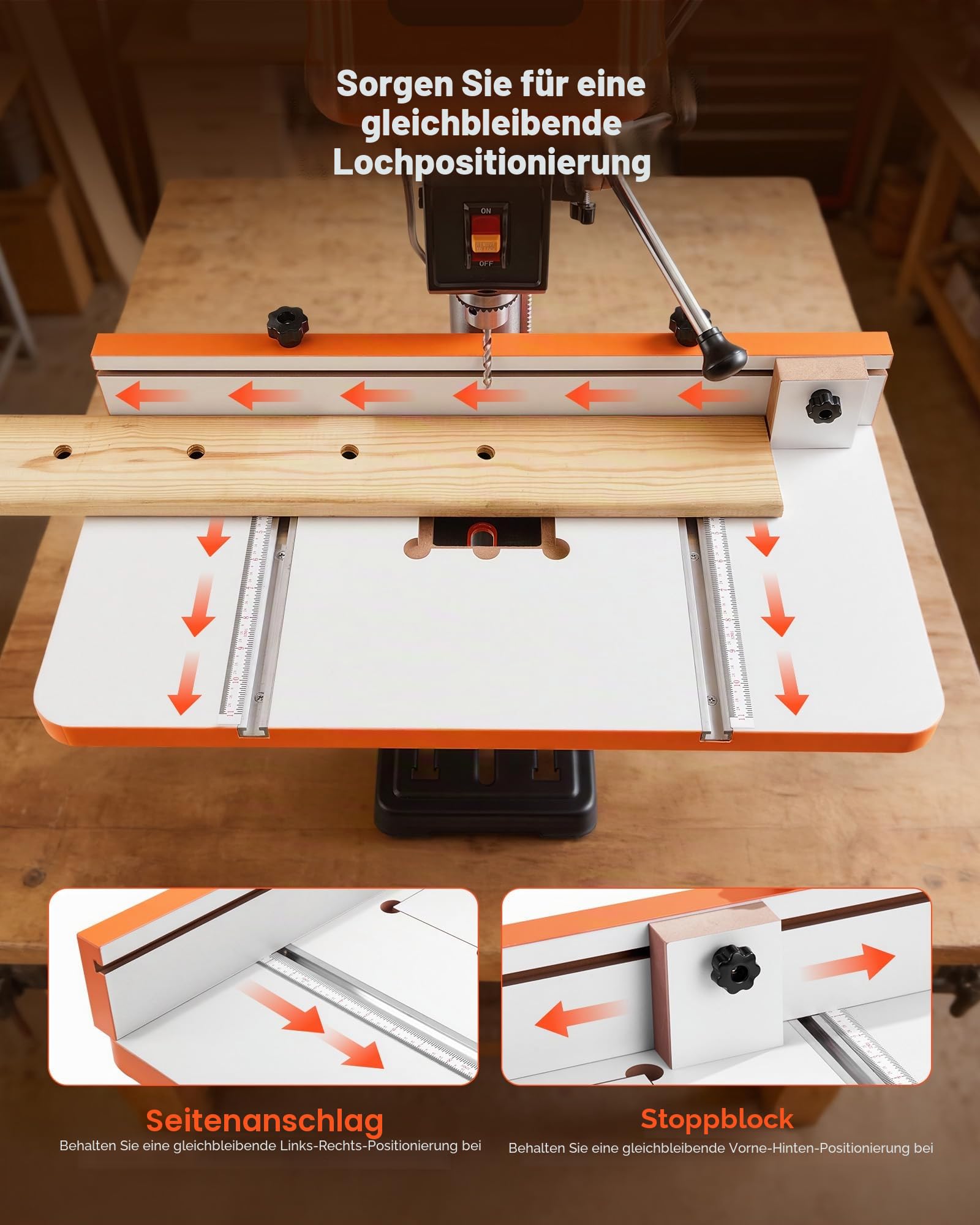 VEVOR Tisch für Säulenbohrmaschine, Bohrtisch 600 x 298 mm, mit verstellbarem Anschlag & Anschlagblock, T-Nuten, MDF-Tischplatte, Skala, Unterstützung für mehrere Klemmen & Schraubstöcke